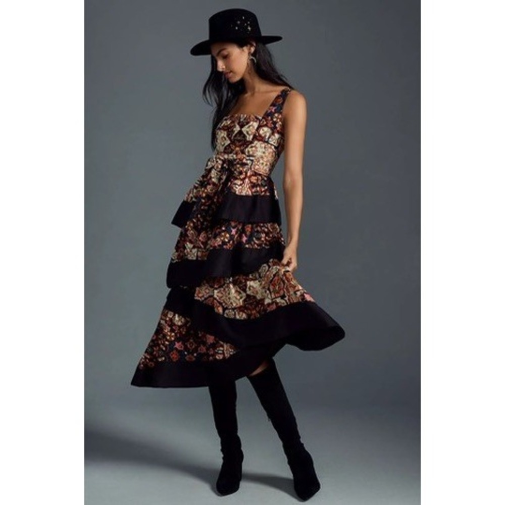 By Anthropologie Square Neck Tiered Midi Dress Black Motif Tapestry SP NEW